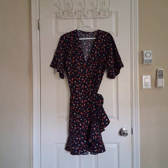 7 For All Mankind Women's Size Large Black Red Floral True Wrap Mini Dress - Picture 2 of 11